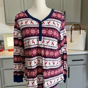 Lanz Winter Red White Blue Print Top Long Sleeve Size XL